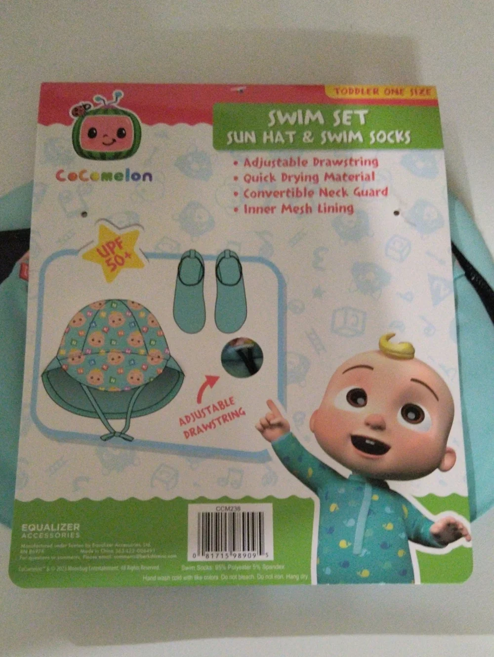 Cocomelon Toddler Swim Set  Light Blue  Sun Hat & Swim Socks  New
